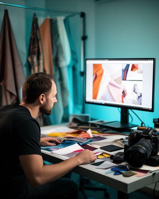 Fashion photographer reviewing fabric campaign images on a monitor in a Toronto studio