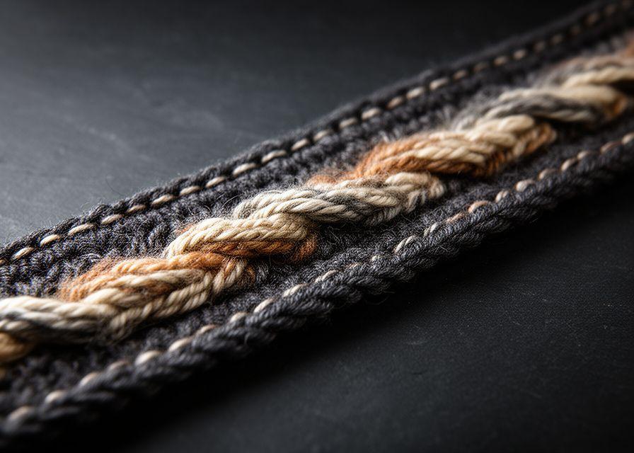 Knitted textile sample photographed on a dark slate surface with visible yarn twist and edge definition