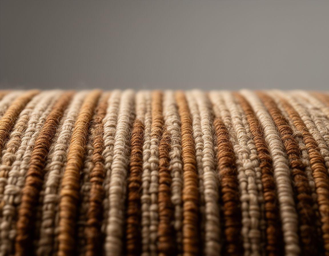 Close-up of a woven textile with shadowed ridges and warm natural fibres on a neutral studio backdrop
