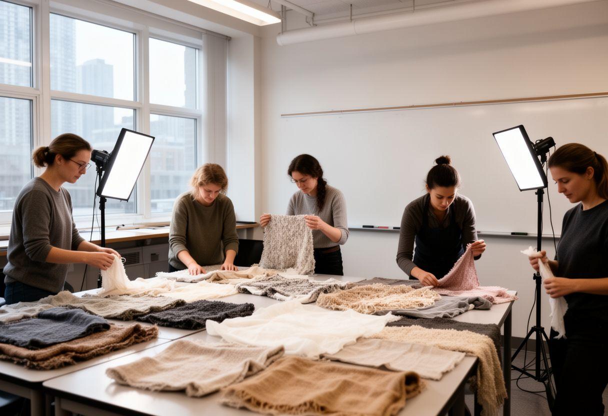 Photography educators arranging textured fabric samples and studio lights in a bright Toronto classroom