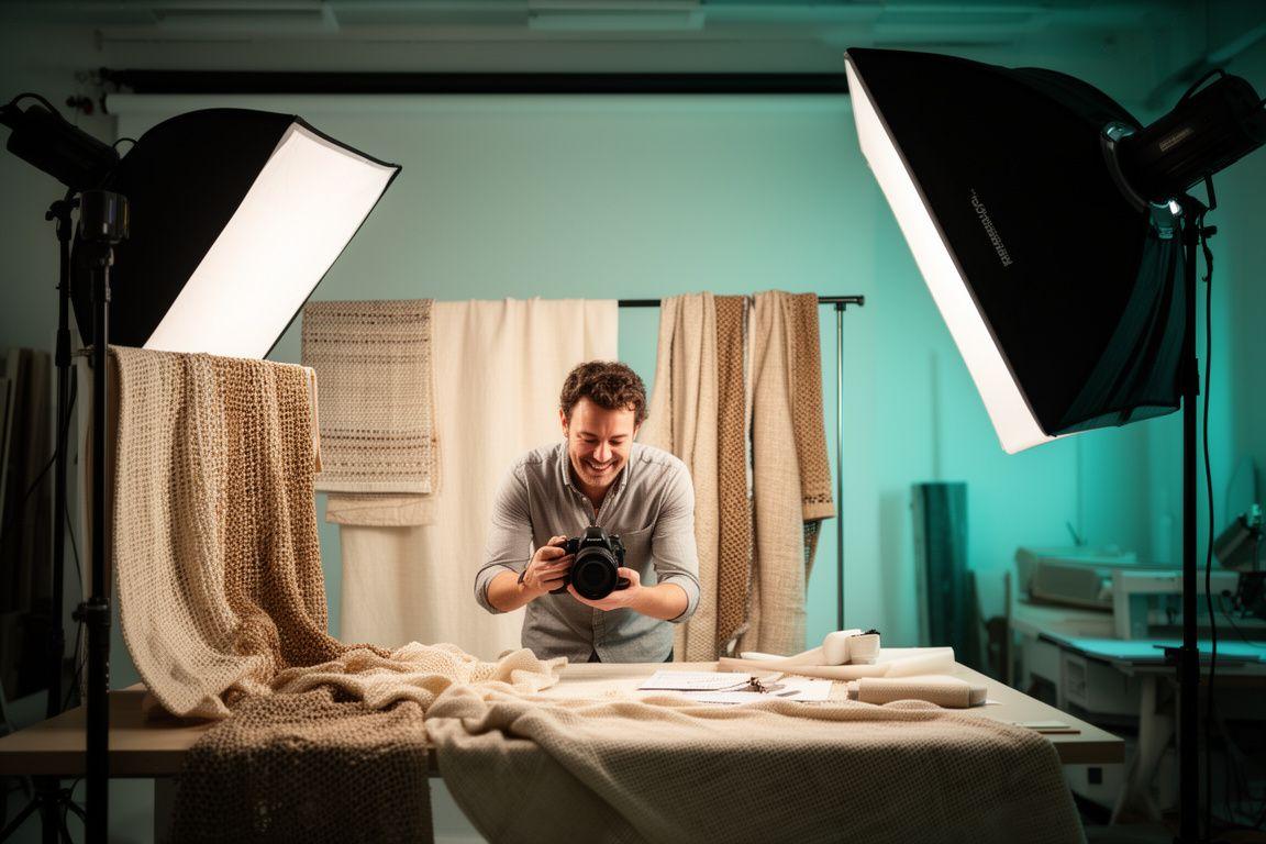 Photography instructor guiding a textile lighting setup in a Toronto studio with woven fabrics and softboxes