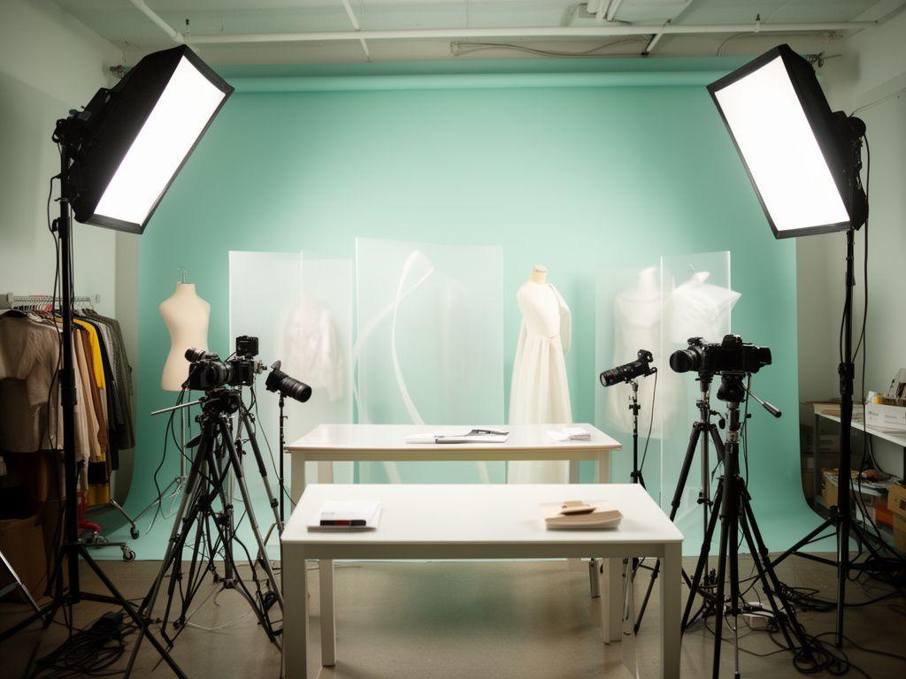 Toronto photography studio with LED panels, camera stands, textile display forms, and a bright teaching table