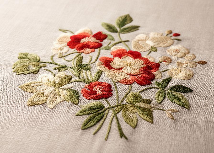 Embroidered floral textile photographed on a linen table with careful colour balance and soft depth of field