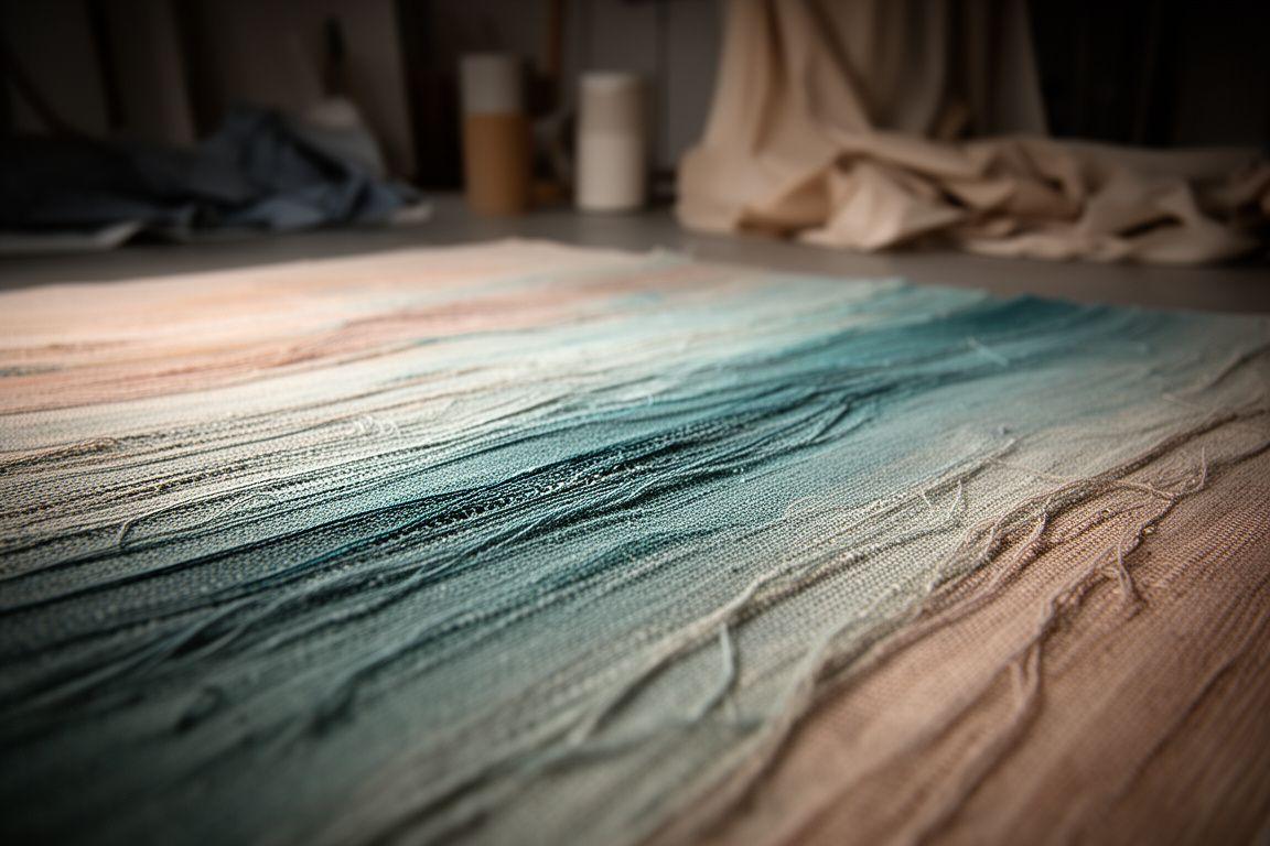 Dramatically lit woven textile in a Toronto studio with layered fibres and soft shadows