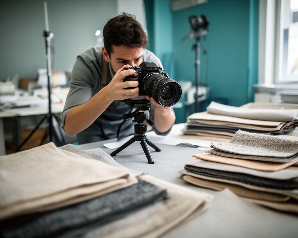Instructor adjusting a camera beside layered textile samples in a bright Toronto studio