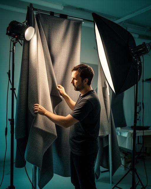 Studio lighting expert adjusting softboxes around folded textiles in a teaching studio