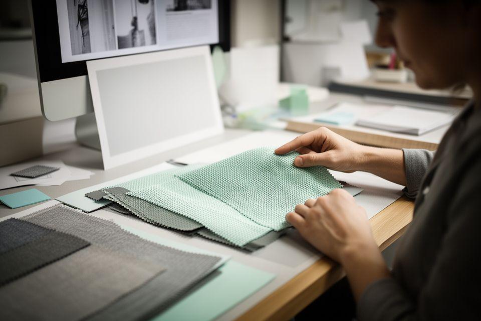 Photography student reviewing fabric texture images on a desk in a Toronto studio