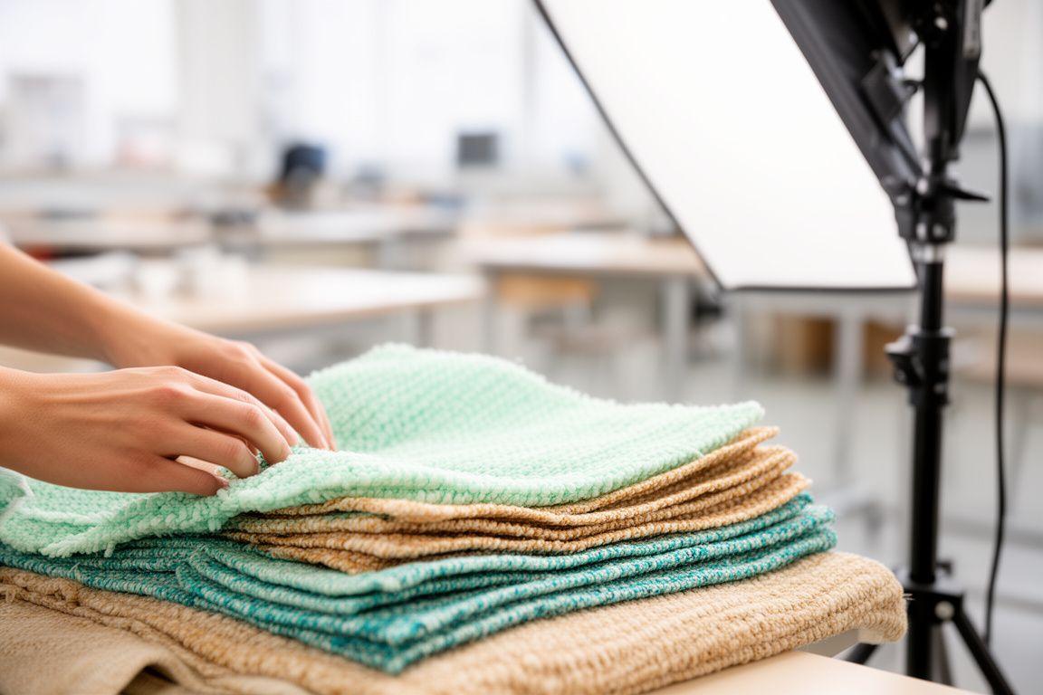 Photography student arranging layered woven textiles beside a studio light in a bright Toronto classroom