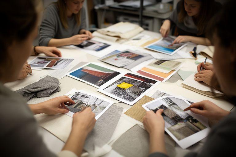 Small textile photography workshop with participants reviewing fabric prints around a studio table