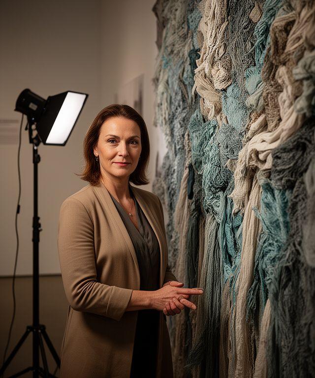 Textile artist and commercial photographer demonstrating controlled lighting beside a detailed fabric installation
